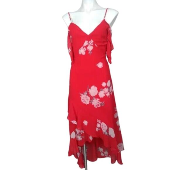 Lulus Love in Bloom Red Floral Print Off-the-Shoulder High-Low Dress Size Small - Picture 2 of 16